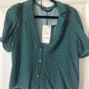 Zara Blue Patterned Button-Up Blouse
